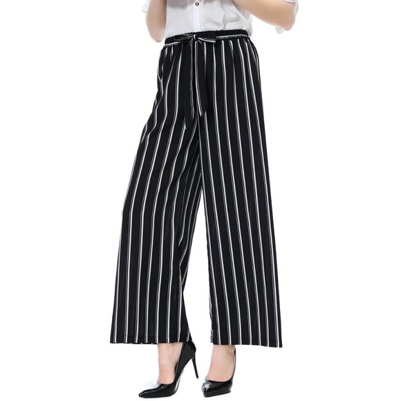 Striped Loose Wide Leg Trousers High Waist Tie Bow - Picture 5 of 8